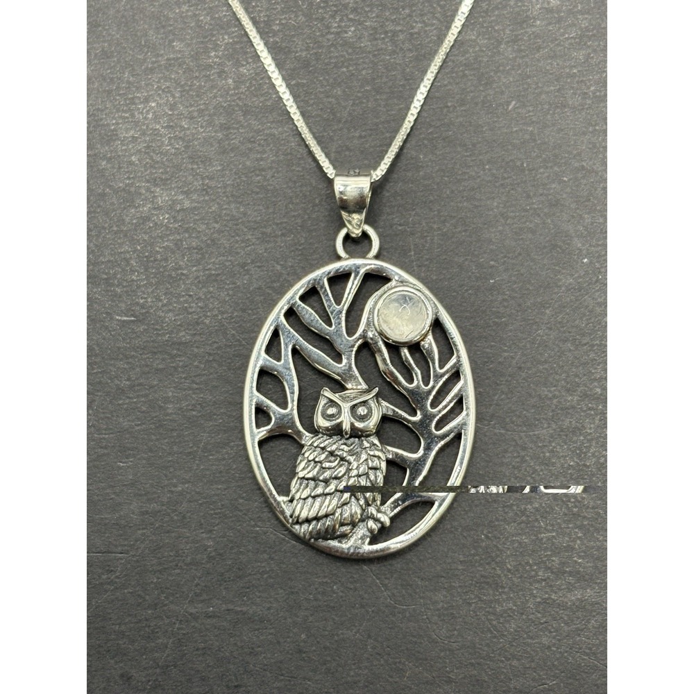 New Condition 18" Moonstone Owl In Tree Pendant Necklace 925 H20